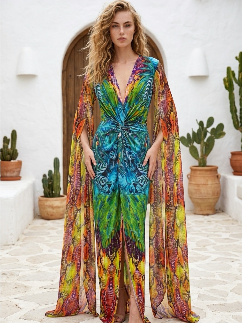 SALE VENUS Multicolor Tropical Print Maxi Dress with Cape Sleeves